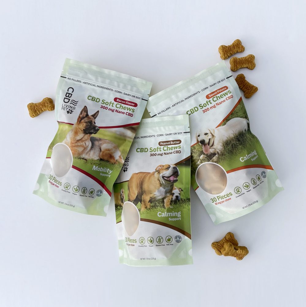 Photo of 3 CBD dog treatss packages, containing 30 pieces each.
